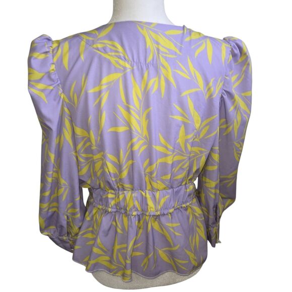 Lavender Lime Green Leaves Print V-Neck Puffed Sleeves Tropical Blouse - Picture 2 of 4